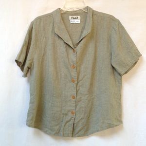 FLAX Linen Blouse Button Front Short Sleeve M